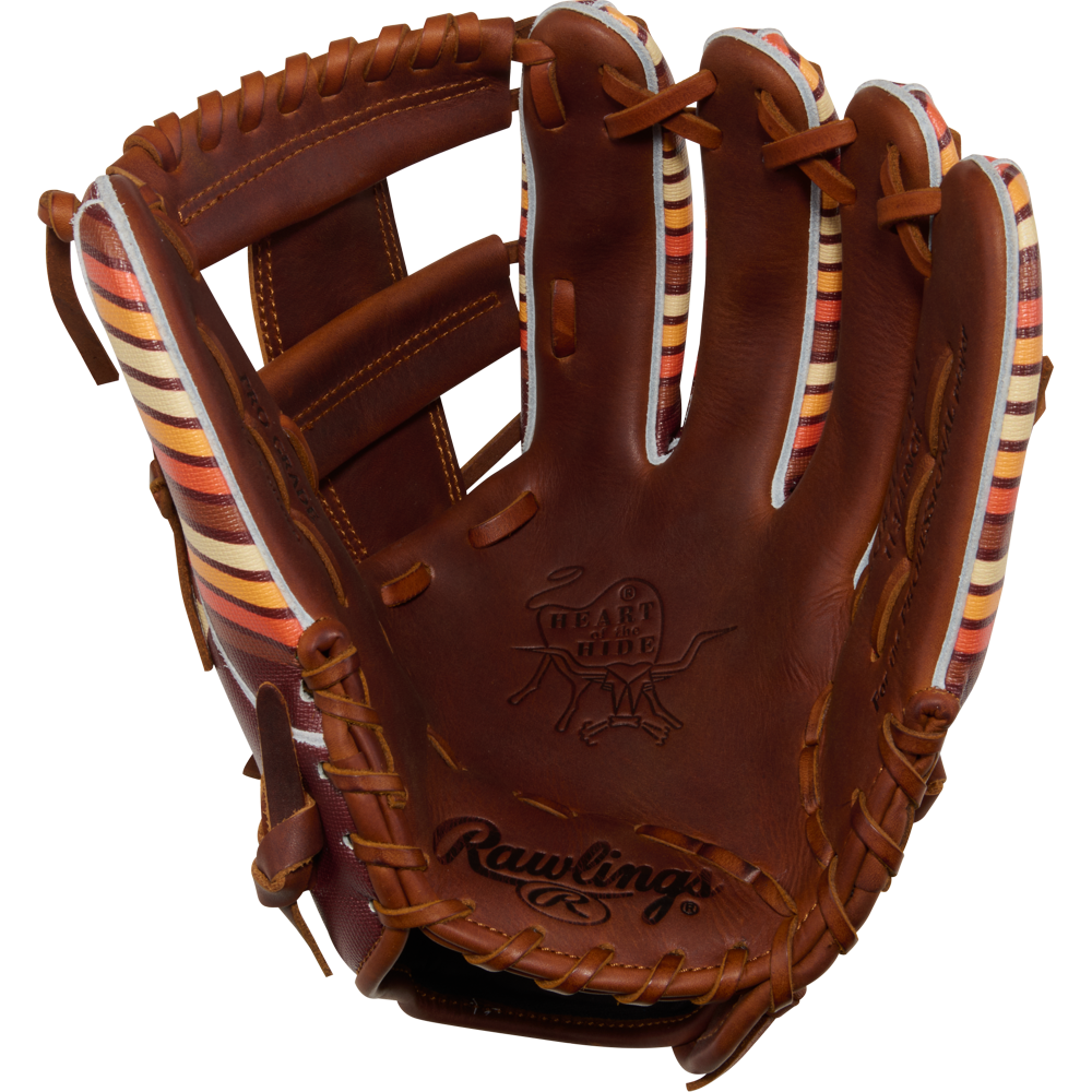 The Rawlings Heart of the Hide 11.75" Baseball Glove (PROR2175-13TI) features brown leather with tan, red, and white striped accents plus embossed Rawlings and Heart of the Hide logos.