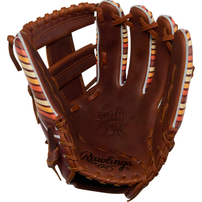 The Rawlings Heart of the Hide 11.75" Baseball Glove (PROR2175-13TI) features brown leather with tan, red, and white striped accents plus embossed Rawlings and Heart of the Hide logos.