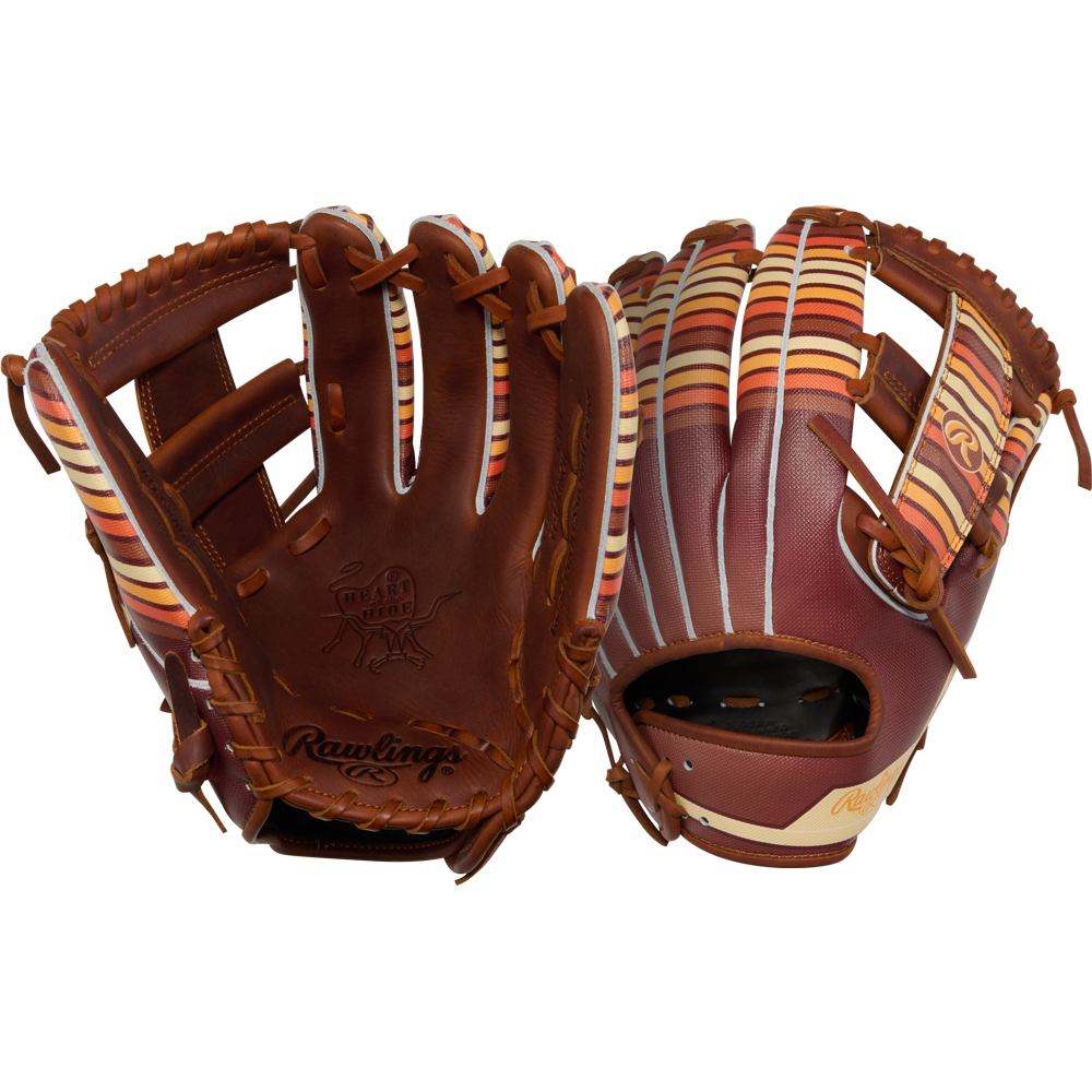 Two Rawlings Heart of the Hide 11.75" baseball gloves (PROR2175-13TI) are shown: one displays the branded palm, while the other shows the back with finger slots and orange, cream, and red striped lacing.