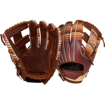 Two Rawlings Heart of the Hide 11.75" baseball gloves (PROR2175-13TI) are shown: one displays the branded palm, while the other shows the back with finger slots and orange, cream, and red striped lacing.