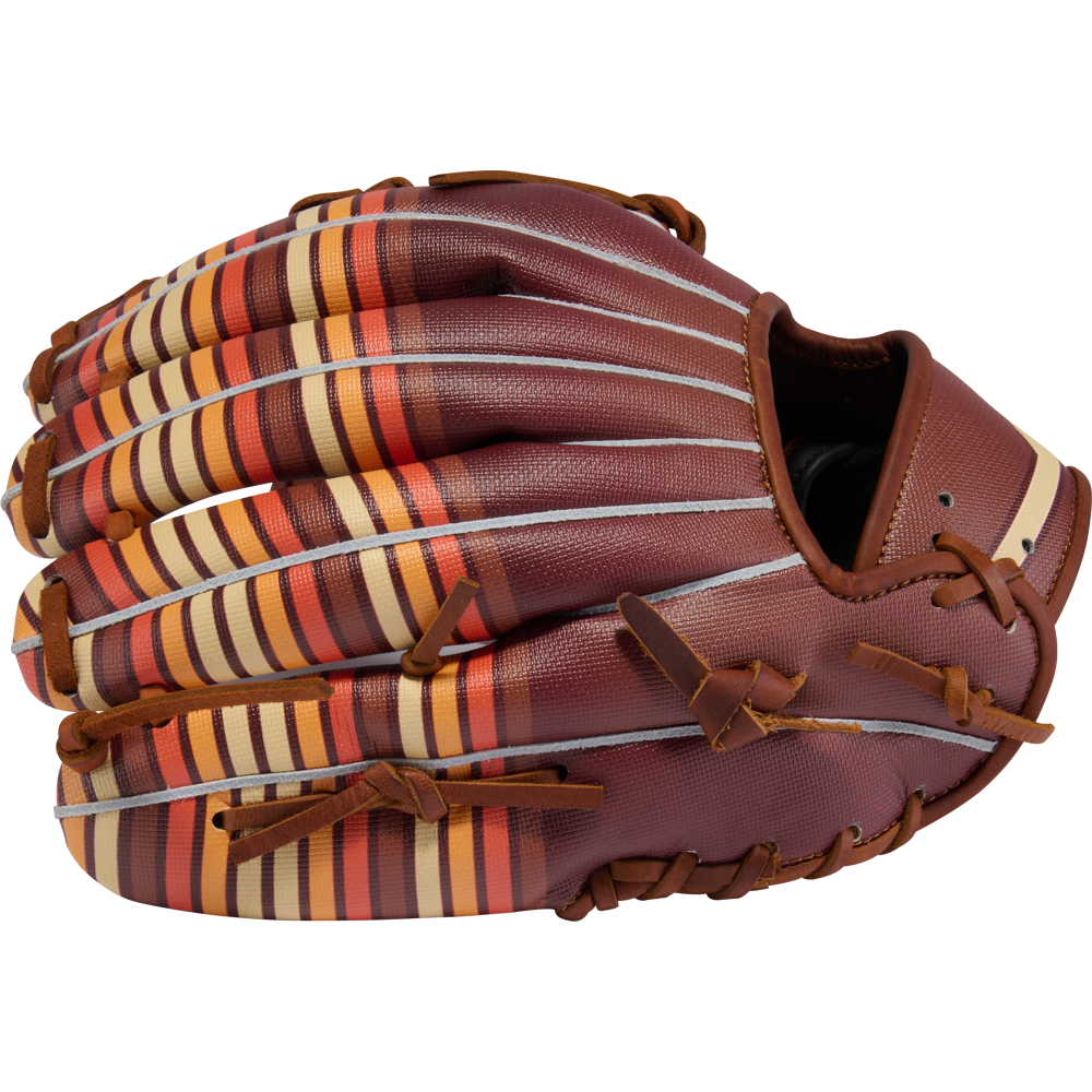 The Rawlings Heart of the Hide 11.75" Baseball Glove (PROR2175-13TI) in brown features orange, yellow, and maroon stripes on the fingers and back, tan laces, and a dark interior, shown on a white background.