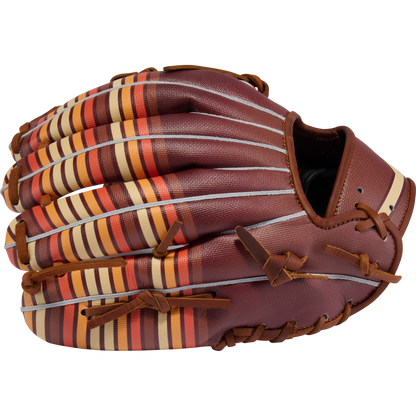 The Rawlings Heart of the Hide 11.75" Baseball Glove (PROR2175-13TI) in brown features orange, yellow, and maroon stripes on the fingers and back, tan laces, and a dark interior, shown on a white background.