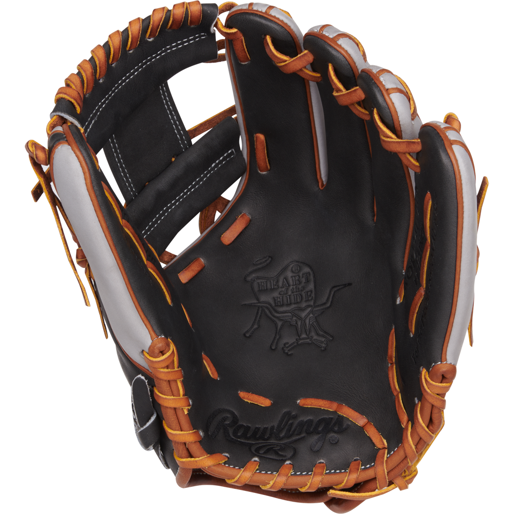 The Rawlings Heart of the Hide ContoUR 11.5" Baseball Glove (PROR234U-2DS) features a black and brown design with tan lacing and white stitching, ideal for infielders seeking pro-quality performance and ContoUR Fit.