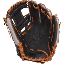 The Rawlings Heart of the Hide ContoUR 11.5" Baseball Glove (PROR234U-2DS) features a black and brown design with tan lacing and white stitching, ideal for infielders seeking pro-quality performance and ContoUR Fit.