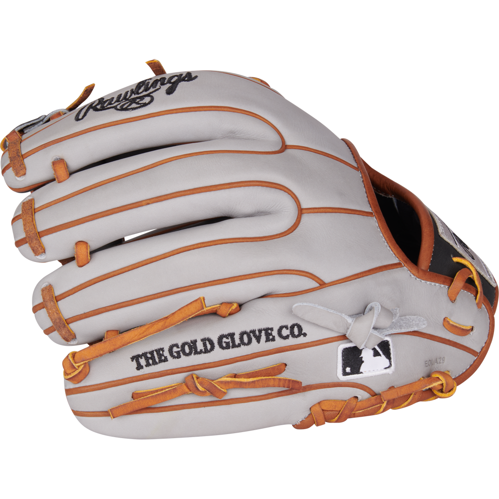 The Rawlings Heart of the Hide ContoUR 11.5" Baseball Glove (PROR234U-2DS) features a gray design with tan laces, The Gold Glove Co. and MLB logos, plus a superior ContoUR Fit for top-tier infield performance.