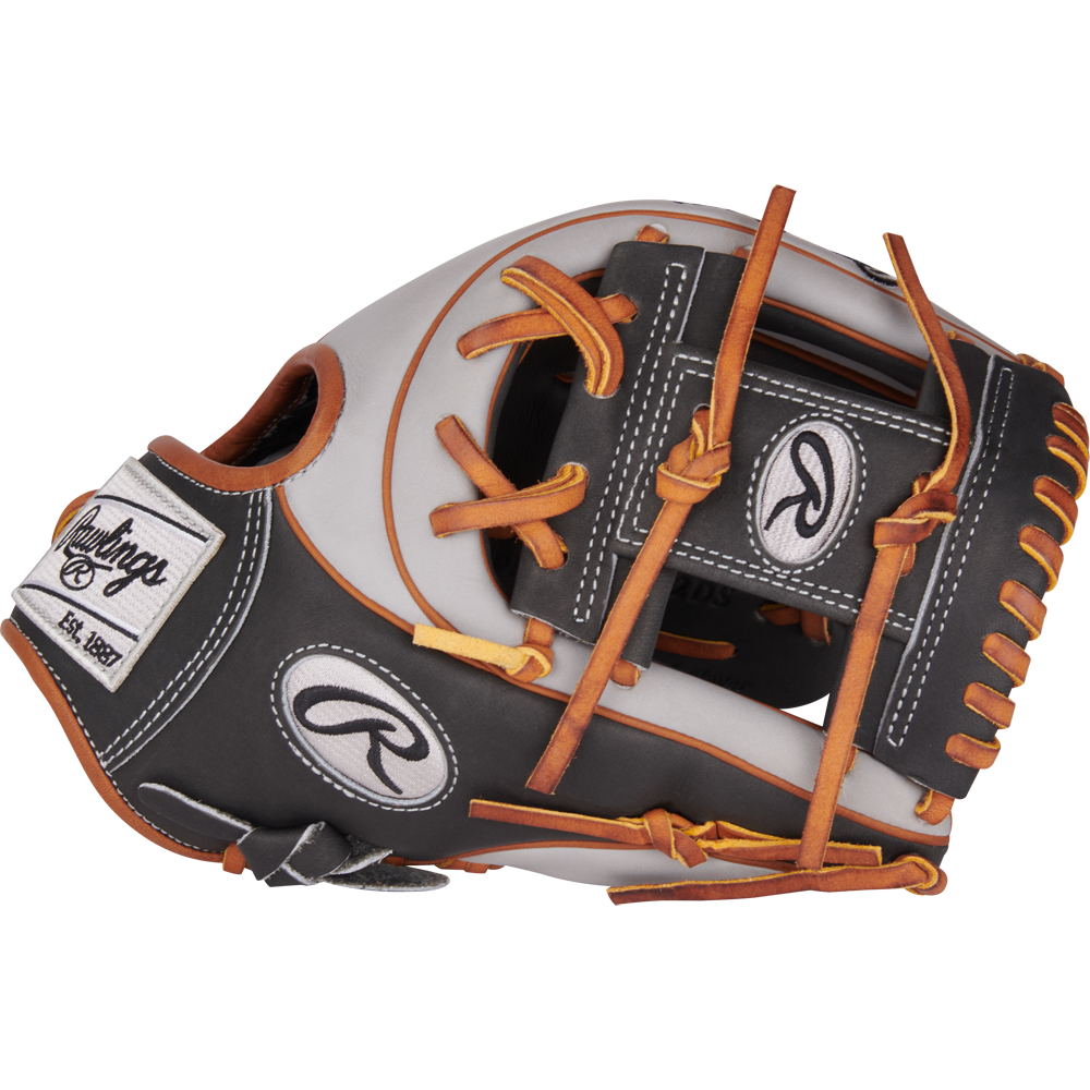 The Rawlings Heart of the Hide ContoUR 11.5" Baseball Glove (PROR234U-2DS) features gray, black, and brown leather with yellow laces and Rawlings logos on the wrist strap and thumb, displayed on a plain white background.