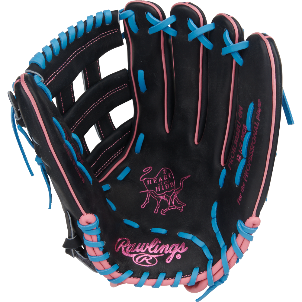 The Rawlings Heart of the Hide 12.5" Baseball Glove (PROR3028U-6N) is a black outfield glove with pink and blue laces, ContoUR fit design, and the Heart of the Hide logo on the palm.