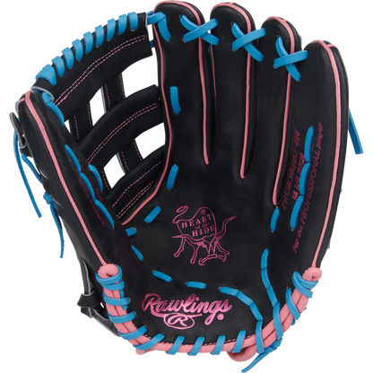 The Rawlings Heart of the Hide 12.5" Baseball Glove (PROR3028U-6N) is a black outfield glove with pink and blue laces, ContoUR fit design, and the Heart of the Hide logo on the palm.