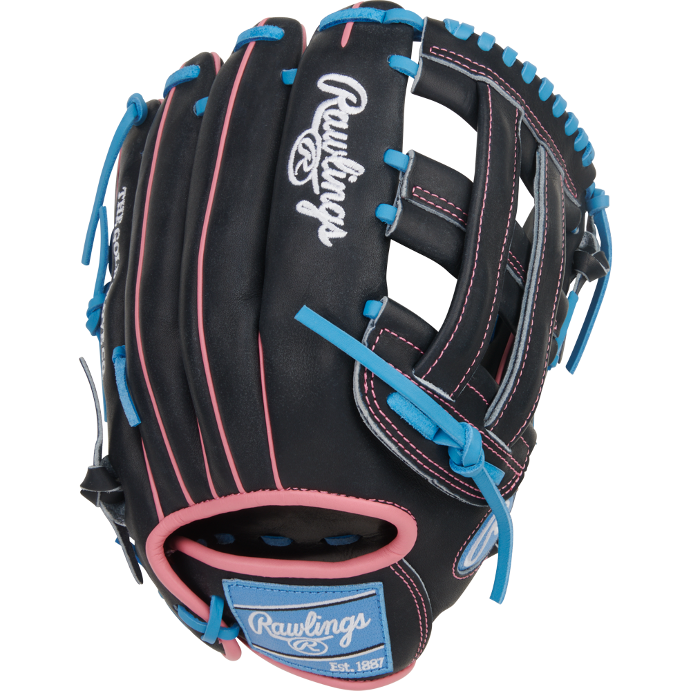 The Rawlings Heart of the Hide 12.5" Baseball Glove (PROR3028U-6N) is black with pink stitching, blue laces, a white Rawlings logo, and a blue Est. 1887 tag—perfect for outfielders seeking standout style and performance.