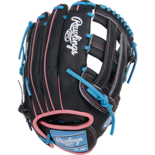 The Rawlings Heart of the Hide 12.5" Baseball Glove (PROR3028U-6N) is black with pink stitching, blue laces, a white Rawlings logo, and a blue Est. 1887 tag—perfect for outfielders seeking standout style and performance.