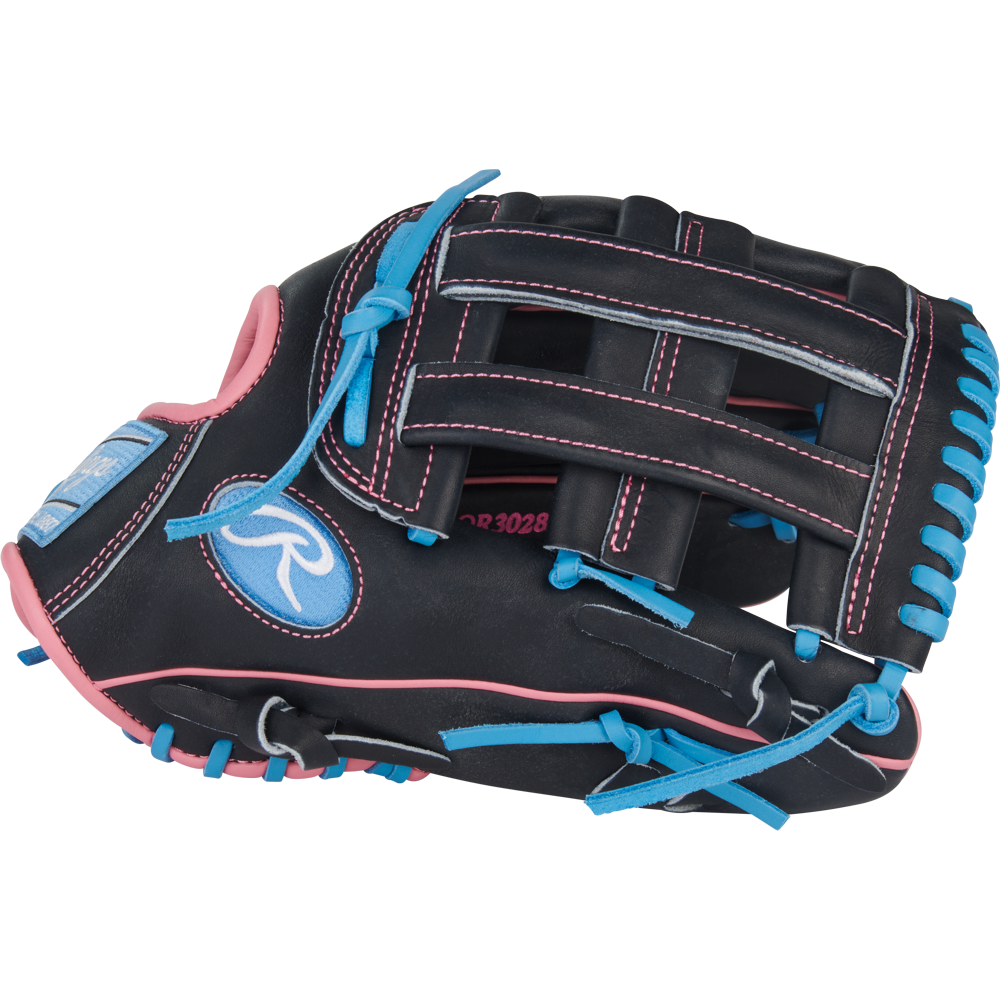 The Rawlings Heart of the Hide 12.5" Baseball Glove (PROR3028U-6N) features black leather, ContoUR fit, pink trim, blue laces, a woven web, and a light blue "R" logo patch; it's shown on a white background.