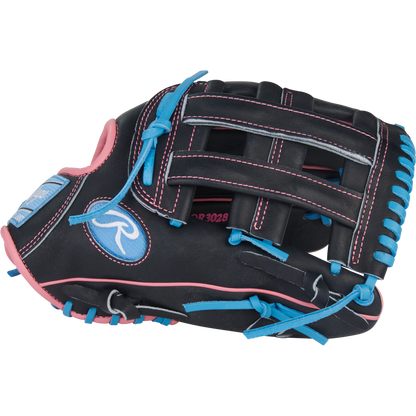 The Rawlings Heart of the Hide 12.5" Baseball Glove (PROR3028U-6N) features black leather, ContoUR fit, pink trim, blue laces, a woven web, and a light blue "R" logo patch; it's shown on a white background.