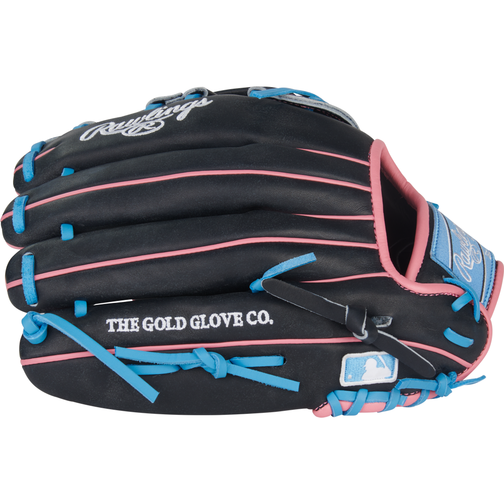 The Rawlings Heart of the Hide 12.5" Baseball Glove (PROR3028U-6N) features black leather with pink and blue laces, THE GOLD GLOVE CO. and MLB logos on the side, and the Rawlings logo on the wrist strap for standout style.