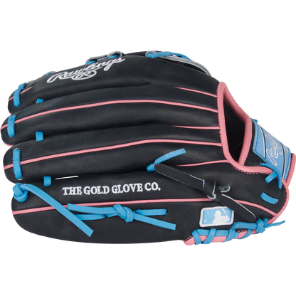 The Rawlings Heart of the Hide 12.5" Baseball Glove (PROR3028U-6N) features black leather with pink and blue laces, THE GOLD GLOVE CO. and MLB logos on the side, and the Rawlings logo on the wrist strap for standout style.