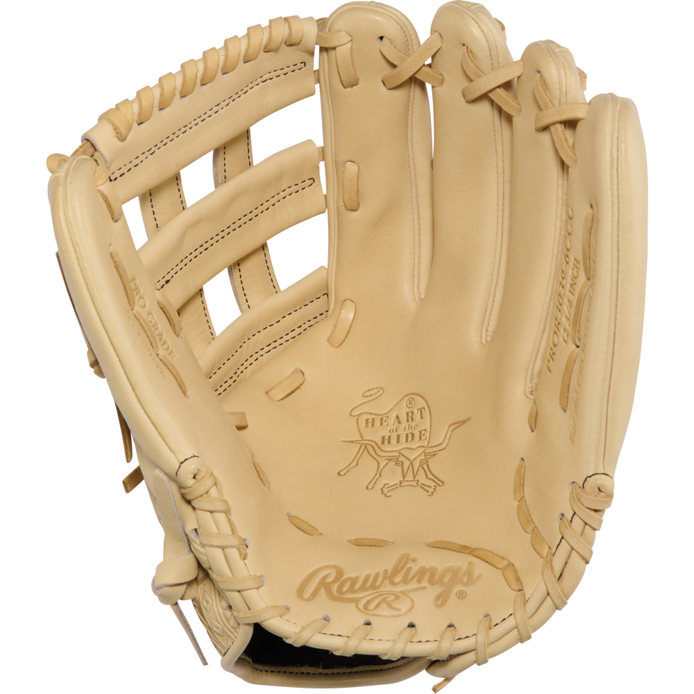 A Rawlings Heart of the Hide 12.75″ Baseball Glove (model PROR3039-6CCC) is pictured open, showcasing its tan premium leather construction, robust lacing, and the embossed Rawlings logo inside the palm area.