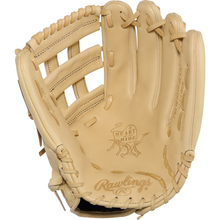 A Rawlings Heart of the Hide 12.75″ Baseball Glove (model PROR3039-6CCC) is pictured open, showcasing its tan premium leather construction, robust lacing, and the embossed Rawlings logo inside the palm area.