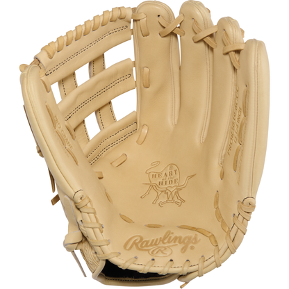 A Rawlings Heart of the Hide 12.75″ Baseball Glove (model PROR3039-6CCC) is pictured open, showcasing its tan premium leather construction, robust lacing, and the embossed Rawlings logo inside the palm area.