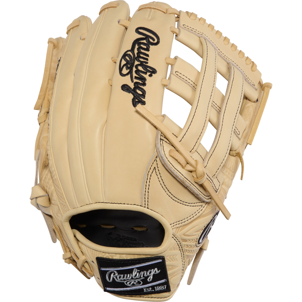 The Rawlings Heart of the Hide 12.75″ Baseball Glove: PROR3039-6CCC combines premium craftsmanship with a beige design, black Rawlings logos and stitching, an open web, and visible laces—making it an ideal choice for serious outfielders.