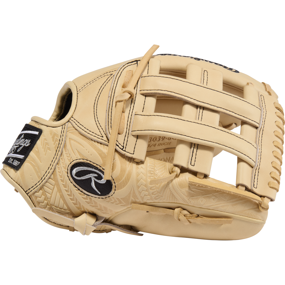 The Rawlings Heart of the Hide 12.75″ Baseball Glove (PROR3039-6CCC) features tan leather, an open web design, and detailed stitching and lacing. Shown from the outer side, this outfield glove displays intricate embossed designs along with a black and white Rawlings logo patch.