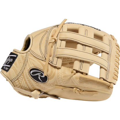 The Rawlings Heart of the Hide 12.75″ Baseball Glove (PROR3039-6CCC) features tan leather, an open web design, and detailed stitching and lacing. Shown from the outer side, this outfield glove displays intricate embossed designs along with a black and white Rawlings logo patch.