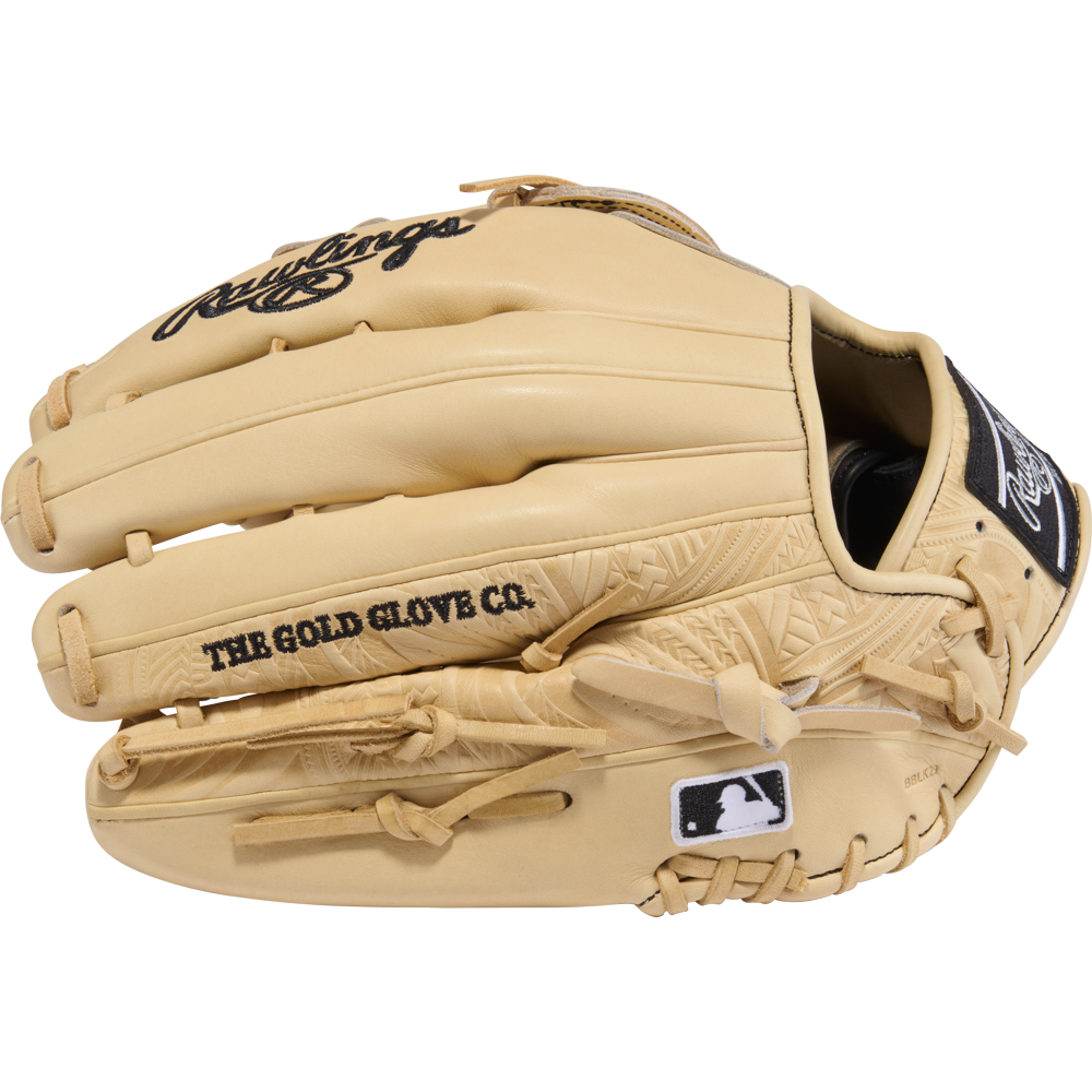 A tan Rawlings Heart of the Hide 12.75″ Baseball Glove (model PROR3039-6CCC) features stitched detailing, THE GOLD GLOVE CO. and MLB logos printed on it, and a black Rawlings patch near the wrist.
