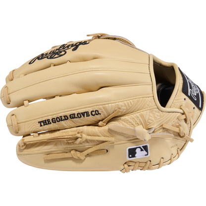 A tan Rawlings Heart of the Hide 12.75″ Baseball Glove (model PROR3039-6CCC) features stitched detailing, THE GOLD GLOVE CO. and MLB logos printed on it, and a black Rawlings patch near the wrist.