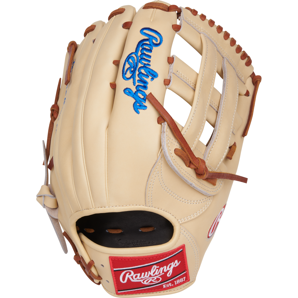 The Rawlings Heart of the Hide 12.75" Baseball Glove (PRPROR3039-6CDT) features a tan outfield design with brown laces, blue logo embroidery, and a red Rawlings patch on the palm, shown from the back on a white background.
