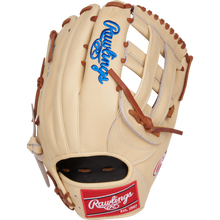 The Rawlings Heart of the Hide 12.75" Baseball Glove (PRPROR3039-6CDT) features a tan outfield design with brown laces, blue logo embroidery, and a red Rawlings patch on the palm, shown from the back on a white background.
