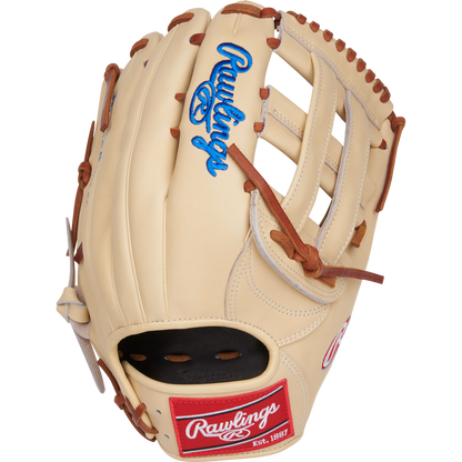 The Rawlings Heart of the Hide 12.75" Baseball Glove (PRPROR3039-6CDT) features a tan outfield design with brown laces, blue logo embroidery, and a red Rawlings patch on the palm, shown from the back on a white background.