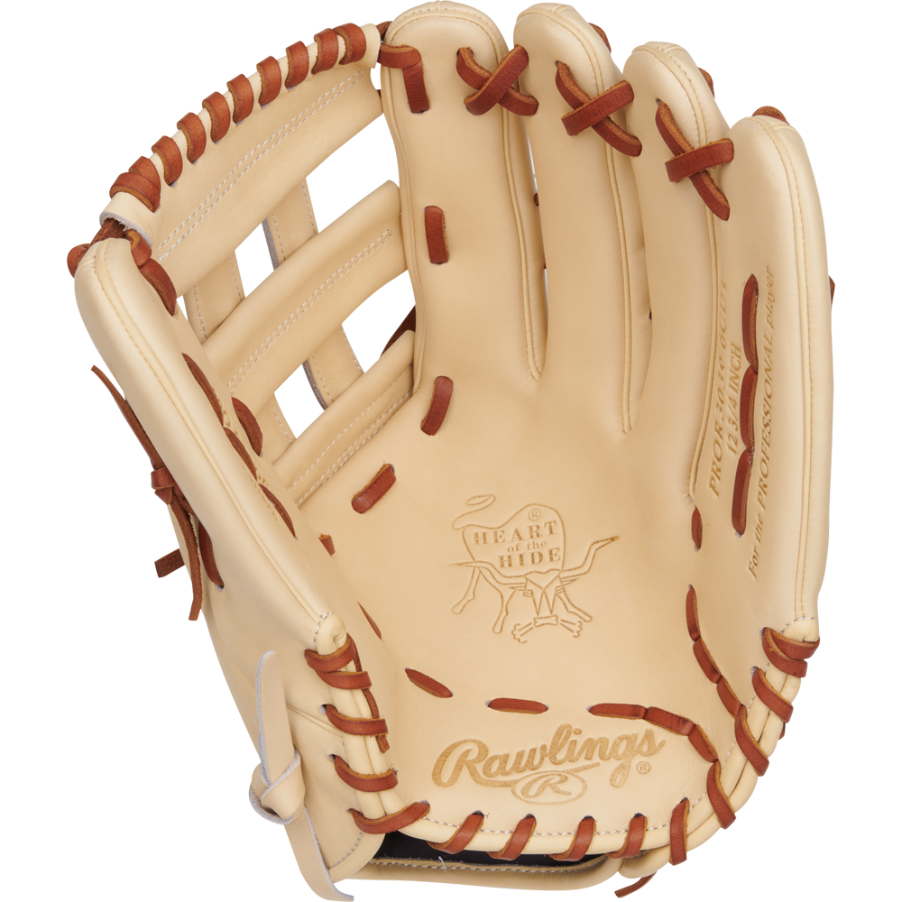The Rawlings Heart of the Hide 12.75" Baseball Glove (PRPROR3039-6CDT) features a beige design with brown laces, iconic branding on the palm, and is displayed open and empty against a plain background.