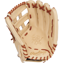 The Rawlings Heart of the Hide 12.75" Baseball Glove (PRPROR3039-6CDT) features a beige design with brown laces, iconic branding on the palm, and is displayed open and empty against a plain background.
