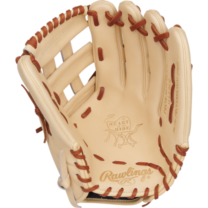 The Rawlings Heart of the Hide 12.75" Baseball Glove (PRPROR3039-6CDT) features a beige design with brown laces, iconic branding on the palm, and is displayed open and empty against a plain background.