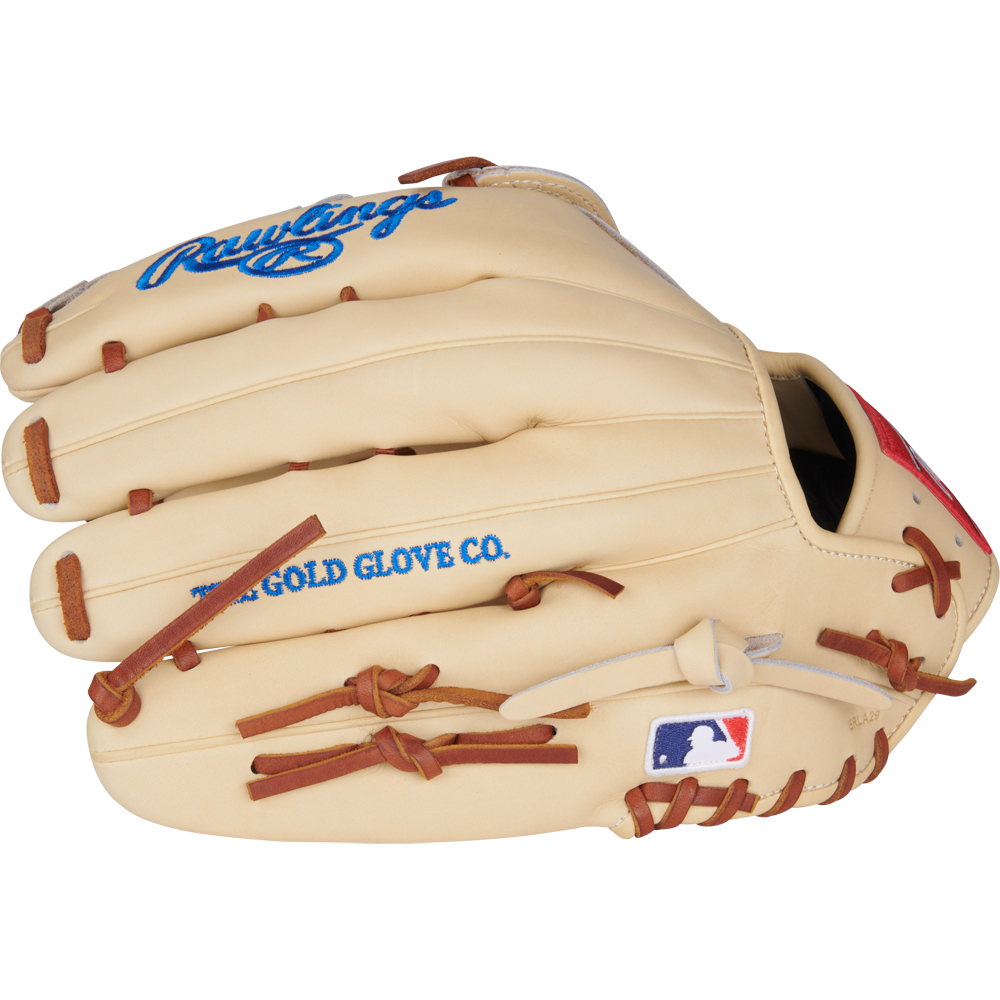 The Rawlings Heart of the Hide 12.75" Baseball Glove (PRPROR3039-6CDT) is tan with brown laces, blue logo text, and an MLB patch, shown closed on a white background.