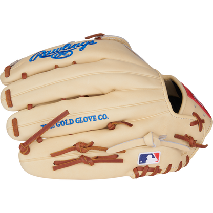 The Rawlings Heart of the Hide 12.75" Baseball Glove (PRPROR3039-6CDT) is tan with brown laces, blue logo text, and an MLB patch, shown closed on a white background.