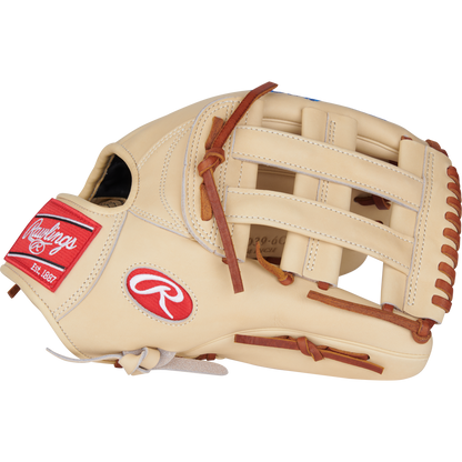 The Rawlings Heart of the Hide 12.75" Baseball Glove (PRPROR3039-6CDT) features a tan outfield design with brown laces, an open web, and a red-and-white Rawlings logo patch, displayed against a plain white background.