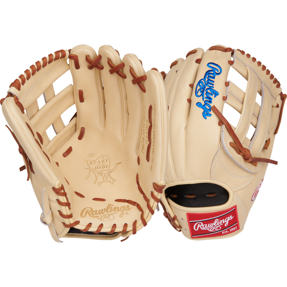 Two tan Rawlings Heart of the Hide 12.75" PRPROR3039-6CDT outfield gloves are shown. One displays a blue Rawlings logo on the back, the other shows embossed branding and "12.75-inch" text on the palm; both have brown laces.