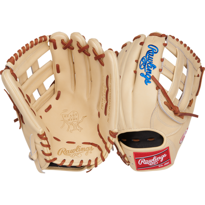 Two tan Rawlings Heart of the Hide 12.75" PRPROR3039-6CDT outfield gloves are shown. One displays a blue Rawlings logo on the back, the other shows embossed branding and "12.75-inch" text on the palm; both have brown laces.