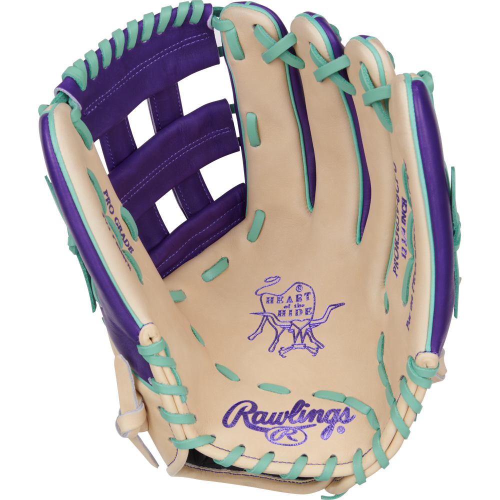 The Rawlings Heart of the Hide 12.75" Color Sync Baseball Glove (PROR3039-6CPU) features a tan design with purple lacing, teal stitching, purple branding, an open web, and the iconic Heart of the Hide logo on the palm.