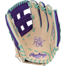 The Rawlings Heart of the Hide 12.75" Color Sync Baseball Glove (PROR3039-6CPU) features a tan design with purple lacing, teal stitching, purple branding, an open web, and the iconic Heart of the Hide logo on the palm.