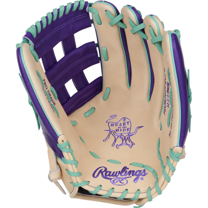 The Rawlings Heart of the Hide 12.75" Color Sync Baseball Glove (PROR3039-6CPU) features a tan design with purple lacing, teal stitching, purple branding, an open web, and the iconic Heart of the Hide logo on the palm.