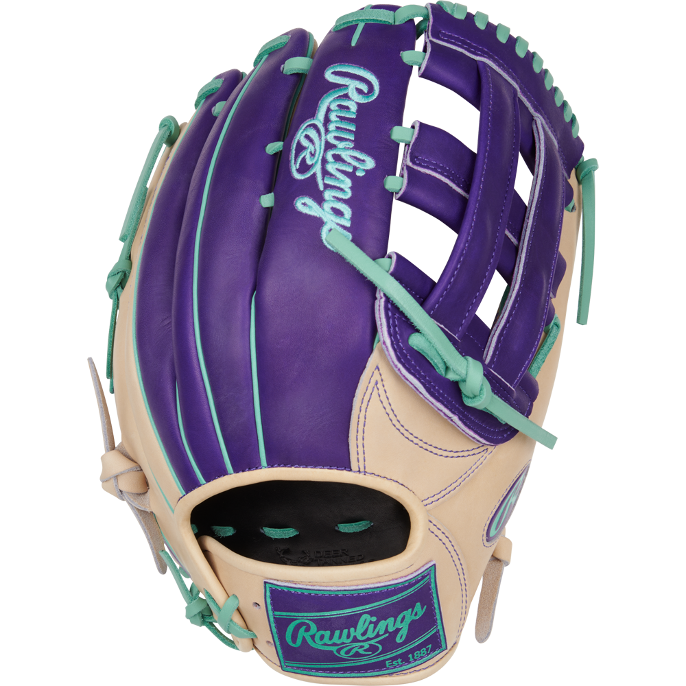 The Rawlings Heart of the Hide 12.75" Color Sync Baseball Glove (PROR3039-6CPU) features tan leather with purple and teal accents, visible stitching and lacing, plus the Rawlings logo embroidered in teal on the back.
