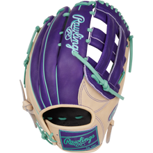The Rawlings Heart of the Hide 12.75" Color Sync Baseball Glove (PROR3039-6CPU) features tan leather with purple and teal accents, visible stitching and lacing, plus the Rawlings logo embroidered in teal on the back.