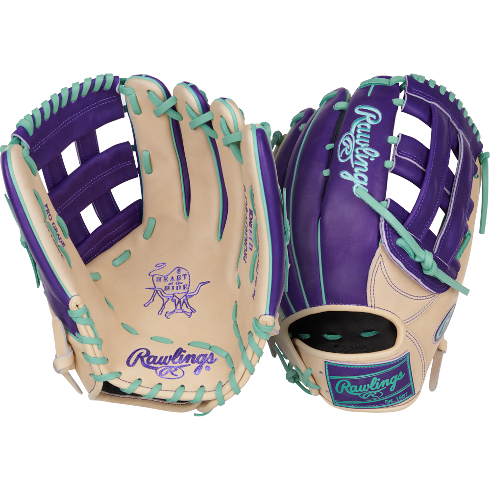 Two tan Rawlings Heart of the Hide 12.75" Color Sync gloves (PROR3039-6CPU) with purple details and turquoise laces: one palm-up, showing branding; the other back-up, highlighting extra stitching and accents.