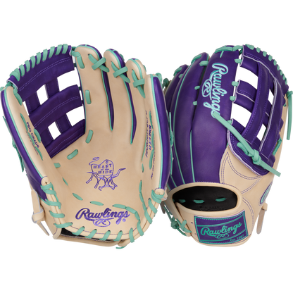 Two tan Rawlings Heart of the Hide 12.75" Color Sync gloves (PROR3039-6CPU) with purple details and turquoise laces: one palm-up, showing branding; the other back-up, highlighting extra stitching and accents.