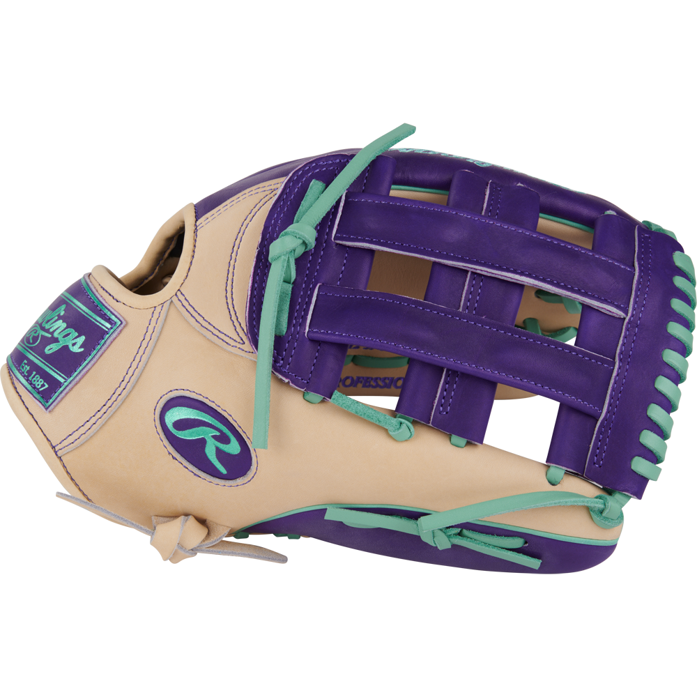 The Rawlings Heart of the Hide 12.75" Color Sync Baseball Glove (PROR3039-6CPU) features a tan design with purple webbing, teal laces, bold accents, an H-web, and pro styling—ideal for serious outfielders.