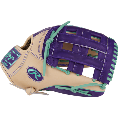 The Rawlings Heart of the Hide 12.75" Color Sync Baseball Glove (PROR3039-6CPU) features a tan design with purple webbing, teal laces, bold accents, an H-web, and pro styling—ideal for serious outfielders.