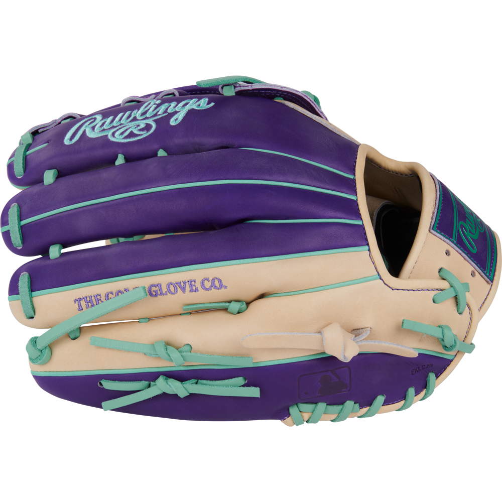 The Rawlings Heart of the Hide 12.75" Color Sync Baseball Glove (PROR3039-6CPU) features purple and tan leather, teal laces, teal accents, and striking teal "Rawlings" and "THE GOLD GLOVE CO." stitching.