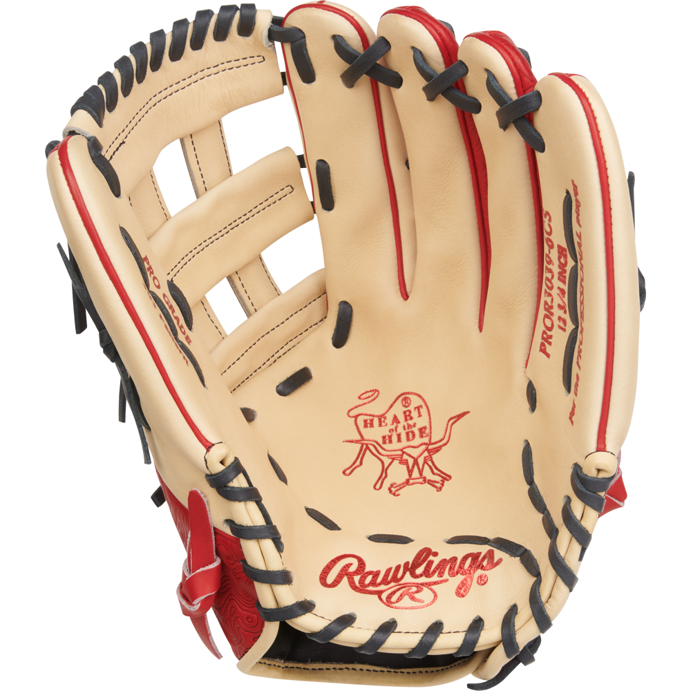 The Rawlings Heart of the Hide 12.75" Baseball Glove (PROR3039-6CS) in tan features black and red lacing with the Rawlings logo stamped on the palm. The open glove displays its detailed interior design.
