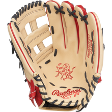 The Rawlings Heart of the Hide 12.75" Baseball Glove (PROR3039-6CS) in tan features black and red lacing with the Rawlings logo stamped on the palm. The open glove displays its detailed interior design.