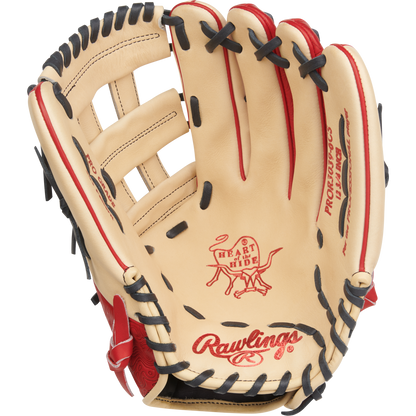 The Rawlings Heart of the Hide 12.75" Baseball Glove (PROR3039-6CS) in tan features black and red lacing with the Rawlings logo stamped on the palm. The open glove displays its detailed interior design.